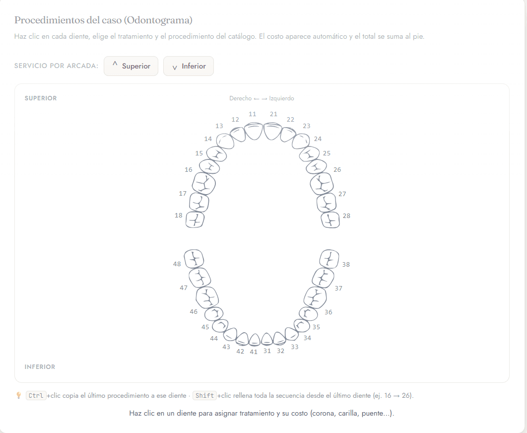 Odontograma interactivo para crear un caso en el portal Vitreo
