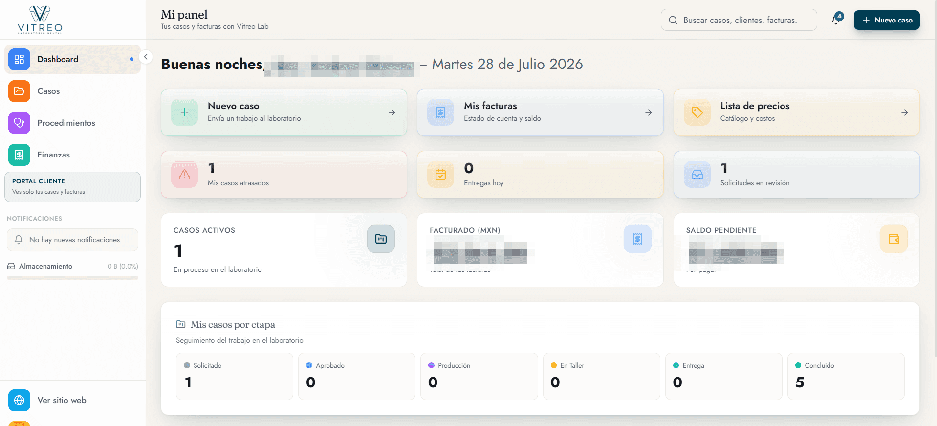 Panel del portal Vitreo con casos activos, etapas y estado de cuenta